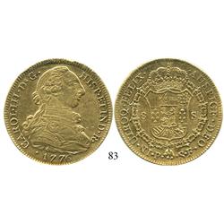 Popayán, Colombia, bust 8 escudos, Charles III, 1776SF, desirable date.