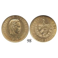 Cuba (struck in Philadelphia), 5 pesos, 1916, José Marti, encapsulated NGC AU-58.