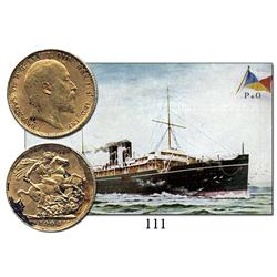 London, England, sovereign, Edward VII, 1906, from the Egypt (1922), with vintage postcard showing t