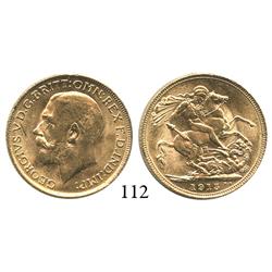 London, England, sovereign, George V, 1915, choice, lustrous Mint State from the Egypt (1922).