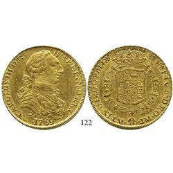 Lima, Peru, bust 8 escudos, Charles III (scarce "rat nose" type), 1769JM.