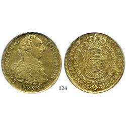 Lima, Peru, bust 8 escudos, Charles III, 1774MJ, encapsulated PCGS AU-58.