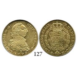 Madrid, Spain, bust 2 escudos, Charles III, 1773PJ, encapsulated PCGS AU-55.