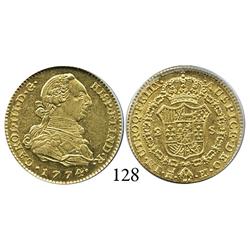 Madrid, Spain, bust 2 escudos, Charles III, 1774PJ, encapsulated PCGS AU-58.