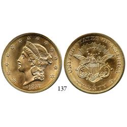 USA, Coronet $20, 1857-S, encapsulated PCGS MS-65 (20A Spiked Shield), from the SS Central America (