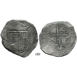 Seville, Spain, cob 8 reales, Philip II, assayer F outside tressure (very rare).