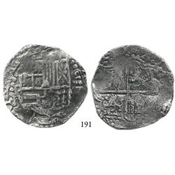 Potosí, Bolivia, cob 8 reales, Philip III, assayer R (curved leg), Grade 2 (Grade-1 quality).