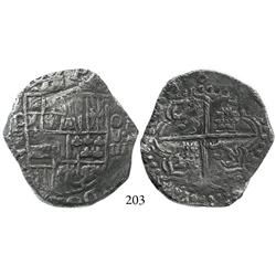 Potosí, Bolivia, cob 8 reales, (161)8T, denomination O-V-III (three parts), scarce, Grade 1.