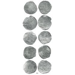 Lot of 5 Potosí, Bolivia, cob 8 reales, Philip II/III, assayers B, Q, R, M and T (one of each), all