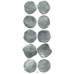 Lot of 5 Potosí, Bolivia, cob 8 reales, Philip II/III, assayers B, Q, R, M and T (one of each), all