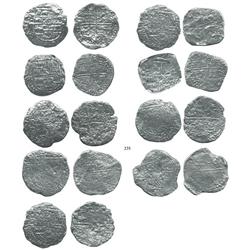 Lot of 9 Potosí, Bolivia, cob 8 reales, Philip II/III, assayers B (2), Q, M, T and not visible (4),