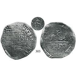 Potosí, Bolivia, cob 8 reales, (1649)(O), with crowned O countermark on cross side.