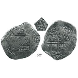 Potosí, Bolivia, cob 8 reales, (1)650O, with pentagonal 1652 countermark (rare) on cross side.