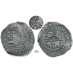 Potosí, Bolivia, cob 8 reales, 1650O, with crowned (?) on cross side, choice.