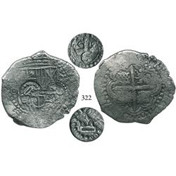 Potosí, Bolivia, cob 8 reales, (1650-1)O, with 2 countermarks on shield side (very rare): crown alon
