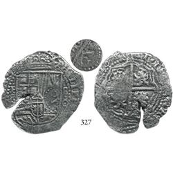 Potosí, Bolivia, cob 8 reales, (1650-1)O, with crowned G countermark (rare) on shield side.