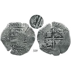 Potosí, Bolivia, cob 8 reales, (1650-1)O, with crowned G countermark (rare) on cross side.