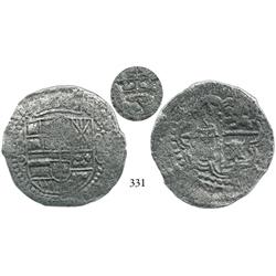 Potosí, Bolivia, cob 8 reales, (1650-1)O, with crowned S countermark on cross side.