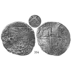 Potosí, Bolivia, cob 8 reales, (1650-1)O, with crowned (?) countermark on cross side.