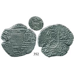 Potosí, Bolivia, cob 4 reales, 1650O, with crowned-L countermark on cross side.