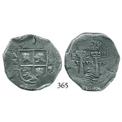 Potosí, Bolivia, cob 2 reales, 1652E transitional, McLean Type I, rare and choice.