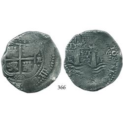Potosí, Bolivia, cob 8 reales, 1652E post-transitional, 1-PH-6 at top.