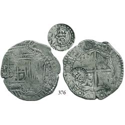 Potosí, Bolivia, cob 8 reales, 1651E/O, with crowned script-P countermark (rare) on cross side.