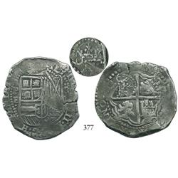 Potosí, Bolivia, cob 8 reales, 16(51-2)E, with special crowned T (very rare) countermark on cross.