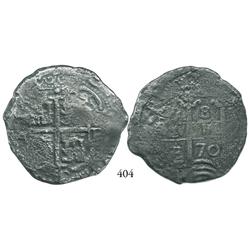 Potosí, Bolivia, cob 8 reales, 1670E.