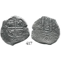 Potosí, Bolivia, cob 2 reales, 1672E.