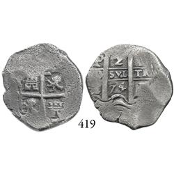 Potosí, Bolivia, cob 2 reales, 1674E.