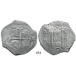 Potosí, Bolivia, cob 8 reales, 1677E.
