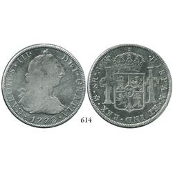 Mexico City, Mexico, bust 8 reales, Charles III, 1772MF (initials facing rim), rare.