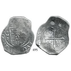 Mexico City, Mexico, cob 8 reales, 1654P, with Indonesian countermarks on cross side.