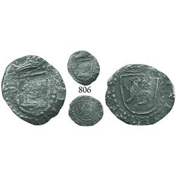 Lima, Peru, cob 1/4 real, Philip II, assayer Diego de la Torre, P to left of castle.