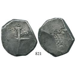 Lima, Peru, cob 8 reales, 1744V, rare. NOTE: CLIPPED.