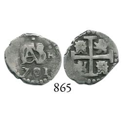Lima, Peru, cob 1/2 real, 1701H, Charles II (posthumous).