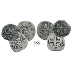Lot of 3 Lima, Peru, cob 1/2 reales, Charles II and Philip V, all with visible dates.