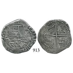 Potosí, Bolivia, cob 2 reales, Philip III, P-RL (curved leg).