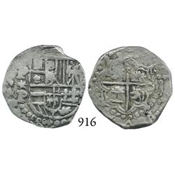 Potosí, Bolivia, cob 2 reales, Philip IV, P*P (early 1620s), quadrants of cross transposed.