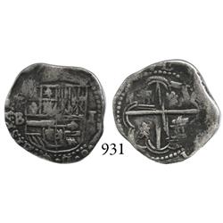 Potosí, Bolivia, cob 1 real, Philip II, P-B (4th period).