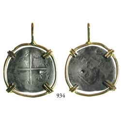 Potosí, Bolivia, cob 1 real, Philip II, assayer not visible, mounted in 14K necklace bezel.