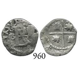 Potosí, Bolivia, cob 1/2 real, Philip II, assayer B (5th period), borders of x's.