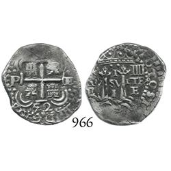 Potosí, Bolivia, cob 1 real, 1652E transitional, McLean Type VI, variety with two dots below crown.