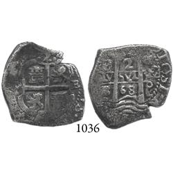 Potosí, Bolivia, cob 2 reales, 1668E.