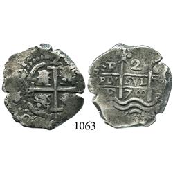 Potosí, Bolivia, cob 2 reales, 1700F, sideways 8 for 00 in date.