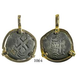 Potosí, Bolivia, cob 2 reales, 1726(Y), Louis I, scarce, mounted pillars-side out in 14K necklace be