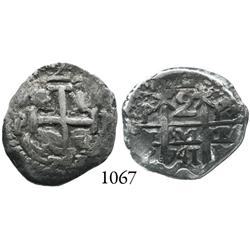 Potosí, Bolivia, cob 2 reales, 1741/0P, rare overdate.