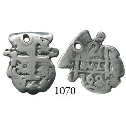 Potosí, Bolivia, cob 2 reales, 1762(V-Y), cut into pomegranate(?) shape.