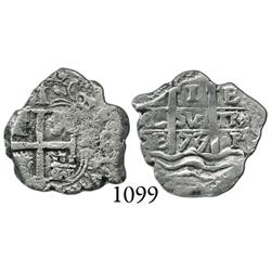 Potosí, Bolivia, cob 1 real, 1677/6E, overdate on pillars side, rare.